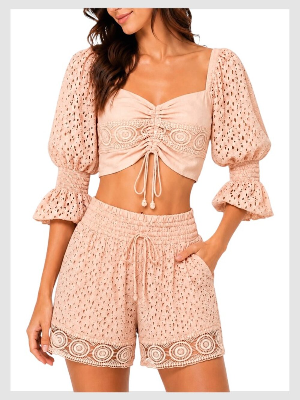 Surf Gypsy Eyelet Crochet 2 Piece Crop Top Shorts Set Blush Pink S